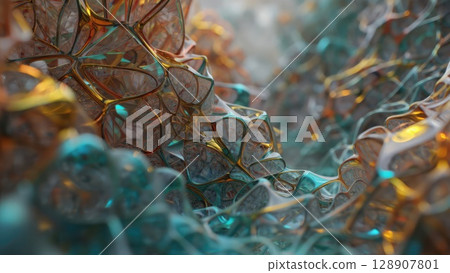 Abstract metallic structure resembling a crystalline net with golden tones and surreal reflections. The glowing geometry creates a mysterious atmosphere. Generative AI 128907801