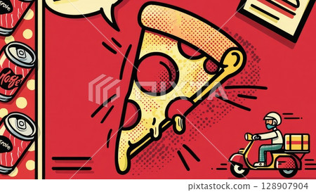 Playful pizza delivery concept with a cartoon slice of pizza on a scooter, set against a bold red background. Generative AI. 128907904