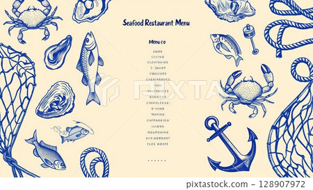 Seafood menu layout decorated with blue hand-drawn marine life, including fish, shells, crab, and anchor. Nautical restaurant or cafe style. Generative AI. Seafood menu layout decorated with blue hand-drawn marine life, including fish, shells, crab, and anchor. Nautical restaurant or cafe style. Generative AI. 128907972