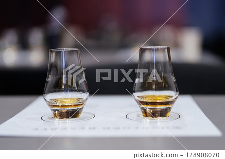 Savoring distinct flavors in a whiskey tasting experience at sunset 128908070