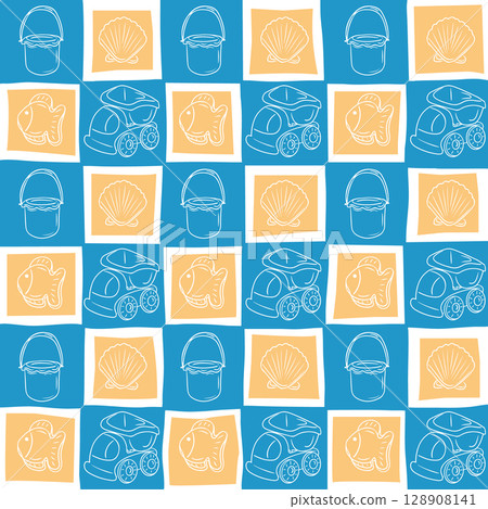 Hand drawn vector seamless pattern of beach toys including bucket, shell, fish and car over blue and sandy blocks Hand drawn vector seamless pattern of beach toys including bucket, shell, fish and car over blue and sandy blocks 128908141
