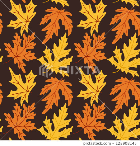 Hand drawn vector seamless pattern of orange and yellow autumn maple leaves on a dark background Hand drawn vector seamless pattern of orange and yellow autumn maple leaves on a dark background 128908143