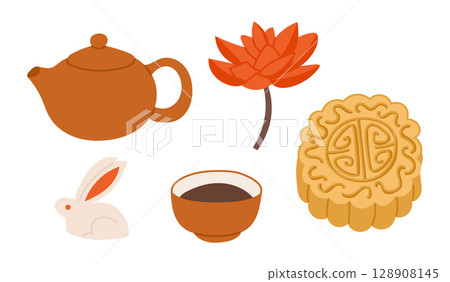 Hand drawn vector set of Mid-Autumn Festival elements including mooncake, teapot, cup, rabbit and lotus flower Hand drawn vector set of Mid-Autumn Festival elements including mooncake, teapot, cup, rabbit and lotus flower 128908145