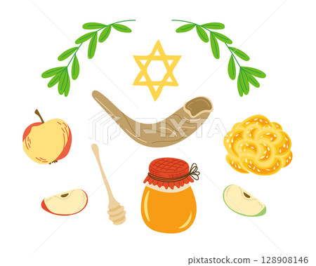 Hand drawn vector set of Rosh Hashanah symbols including shofar, honey, apple, challah, Star of David and leaves Hand drawn vector set of Rosh Hashanah symbols including shofar, honey, apple, challah, Star of David and leaves 128908146