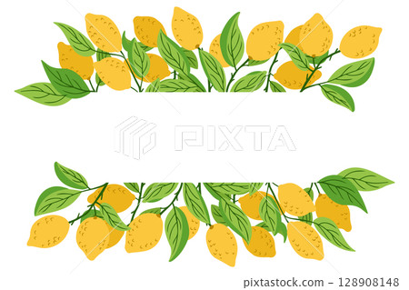 Hand drawn vector banner with vibrant yellow lemons and lush green leaves arranged in top and bottom borders 128908148