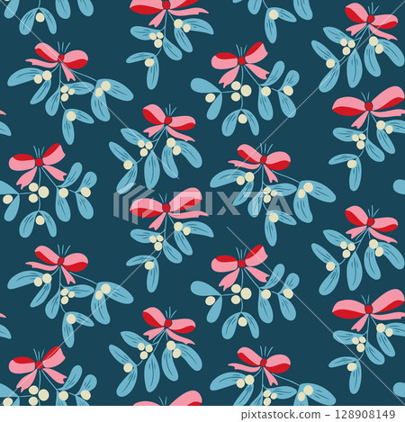 Hand drawn vector seamless pattern of mistletoe branches with red bows and berries on dark blue background Hand drawn vector seamless pattern of mistletoe branches with red bows and berries on dark blue background 128908149