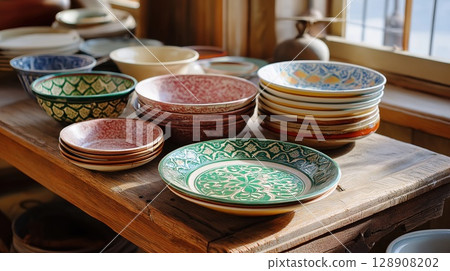 Colorful ceramic plates and bowls stacked on a rustic wooden table near a sunlit window 128908202