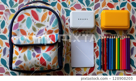 Colorful school supplies arranged neatly on a vibrant patterned background 128908203