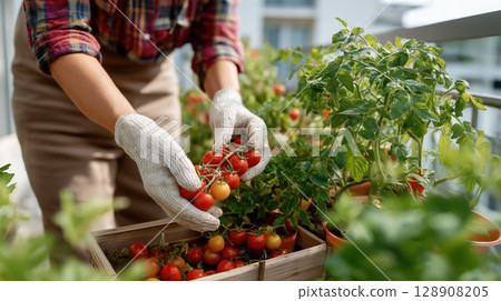 Hands picking ripe cherry tomatoes from balcony garden planters 128908205