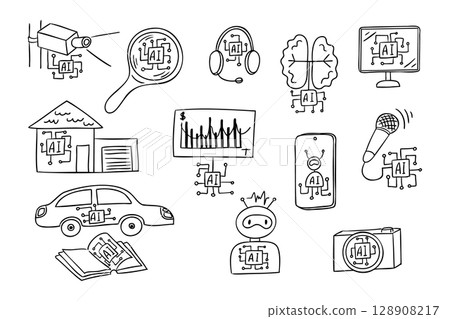 Hand drawn vector doodle set showing artificial intelligence integration in daily devices and technologies 128908217