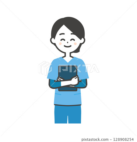 圖:一位身穿手術服、微笑、手拿活頁夾的女士 圖:一位身穿手術服、微笑、手拿活頁夾的女士 128908254