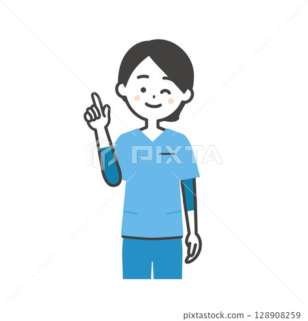 Illustration of a woman in a scrub winking and pointing up 128908259