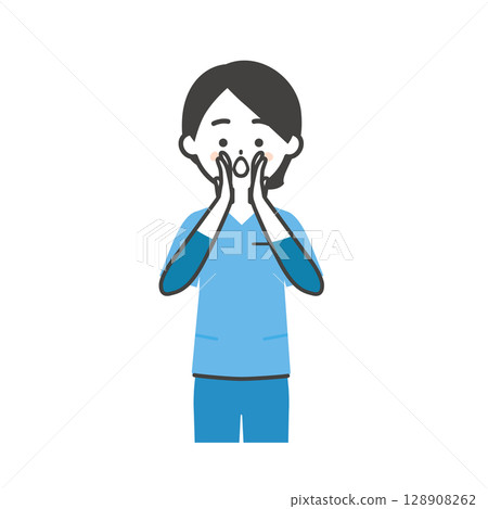 一位身穿手術服的女士用雙手摀住嘴巴打電話的插圖 128908262