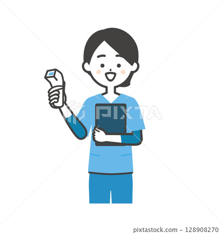 一位身穿工作服、手持溫度計的女士的插圖 128908270