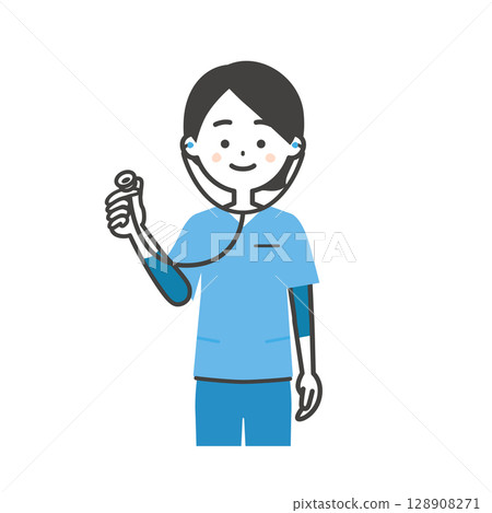 Illustration of a woman in a scrub holding a stethoscope Illustration of a woman in a scrub holding a stethoscope 128908271