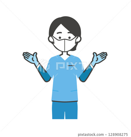 一名戴著橡膠手套和口罩並穿著手術服的婦女的插圖 128908275