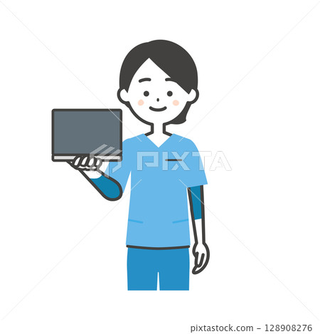 一位身穿工作服、手持筆記型電腦的女士的插圖 128908276