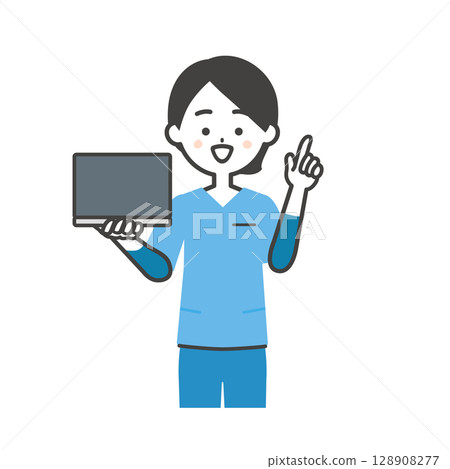 圖解:一位身穿工作服的女士拿著筆記型電腦並指向上方 圖解:一位身穿工作服的女士拿著筆記型電腦並指向上方 128908277