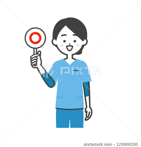 Illustration of a woman in scrubs holding a correct answer card Illustration of a woman in scrubs holding a correct answer card 128908280