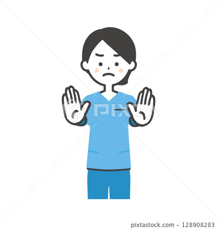 一位身穿手術服的女士用雙手停下來的插圖 一位身穿手術服的女士用雙手停下來的插圖 128908283