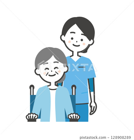 Illustration of a woman in a scrub and an elderly woman in a wheelchair 128908289
