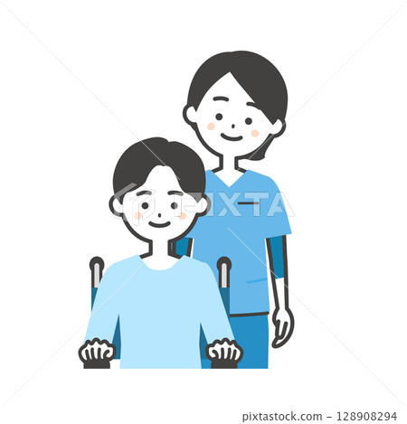 Illustration of a woman in a scrub and a boy in a wheelchair 128908294