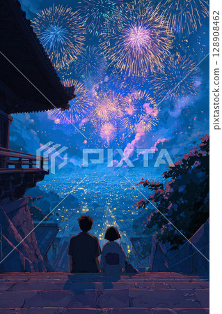 一對夫婦仰望煙火和夏日石階的插圖 128908462