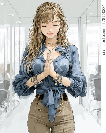 一位女商人雙手合十表達謝意的插畫素材 128908824