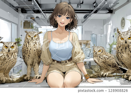 貓頭鷹咖啡館：一位微笑女子被貓頭鷹包圍的插圖 128908826