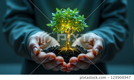 Nurturing Nature, Hands Holding a Glowing Tree of Life. 128908947