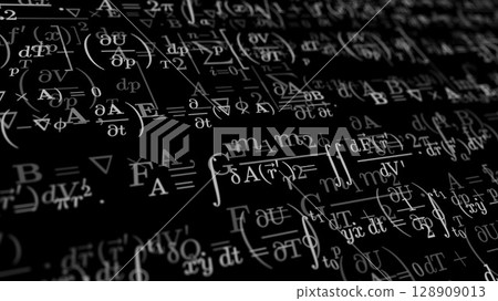 Black background with school formulas. Education at school. Illustration. Black background with school formulas. Education at school. Illustration. 128909013