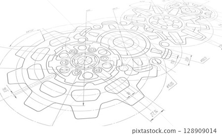 Technical drawing of gears .Rotating mechanism of round parts .Machine technology.illustration. Technical drawing of gears .Rotating mechanism of round parts .Machine technology.illustration. 128909014