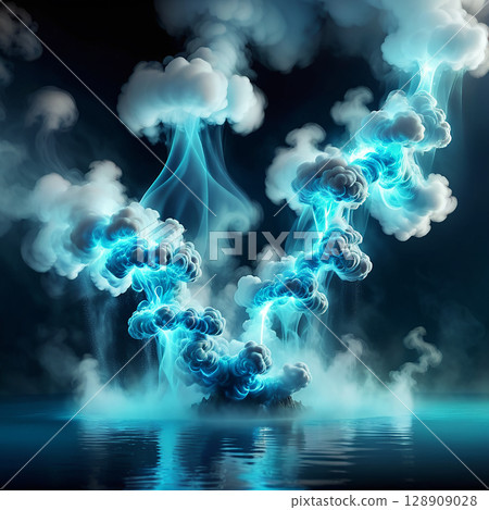 Mystical blue and white swirling clouds over a dark ocean creating a surreal and dreamlike atmosphere with fog and light reflections on the water surface. 128909028
