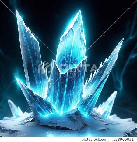 Glowing ice crystals reflecting light in a mystical setting with intricate shapes and a vibrant blue hue, surrounded by ethereal fog and soft shadows. 128909031