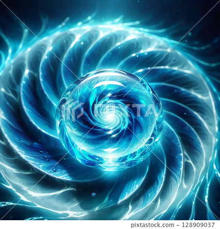 Spiraling vortex of luminous blue light with a crystal orb at the center, creating a mesmerizing display of swirling patterns and ethereal energy in an abstract cosmic setting. 128909037
