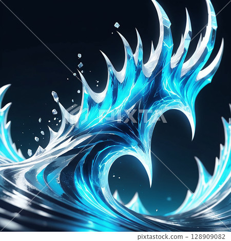 Luminous blue wave crashing with intricate icy patterns and sparkling droplets reflecting light against a dark background creating a dynamic and powerful oceanic scene. 128909082