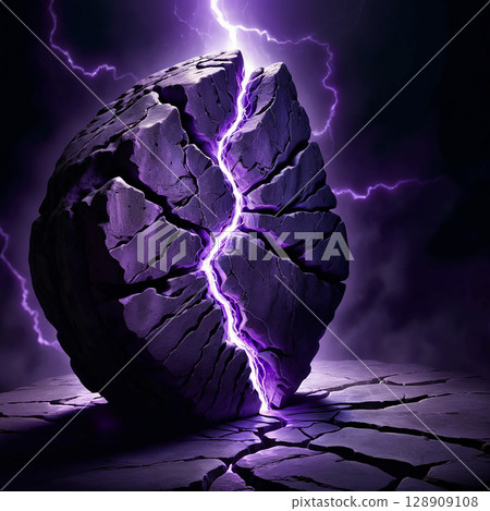 Vibrant purple rock splitting open with bright lightning emerging from the center against a dark stormy background creating a dynamic and dramatic visual effect. Vibrant purple rock splitting open with bright lightning emerging from the center against a dark stormy background creating a dynamic and dramatic visual effect. 128909108