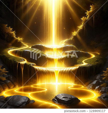 Radiant waterfall cascading down rocky cliffs surrounded by lush greenery and illuminated by soft golden light, creating a serene and enchanting natural scene with vibrant colors and reflections. 128909117