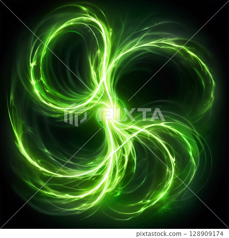 Glowing green abstract fractal design with swirling patterns and luminous effects against a dark background creating a mesmerizing visual experience of light and color. Glowing green abstract fractal design with swirling patterns and luminous effects against a dark background creating a mesmerizing visual experience of light and color. 128909174