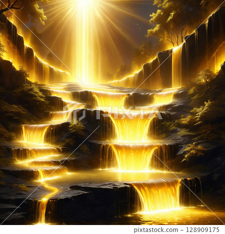 Golden waterfall cascading down rocky steps illuminated by bright light filtering through trees in a serene natural landscape filled with vibrant foliage and tranquil atmosphere. 128909175