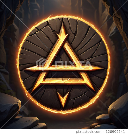 Illuminated symbol etched on a stone surface surrounded by a mystical cave scene with glowing edges and dark shadowy formations creating an enchanting atmosphere. 128909241