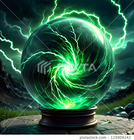 Mystical green crystal ball with swirling energy surrounded by dark, stormy landscape and bright lightning strikes illuminating the eerie scene. 128909242