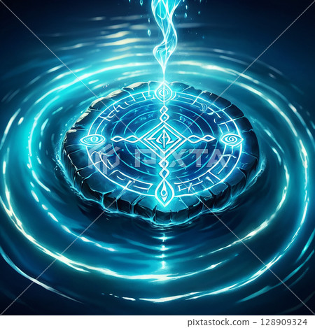 Mystical stone altar surrounded by glowing blue light and water, featuring intricate symbols and enchanting energy emanating from the center, creating a magical atmosphere. 128909324