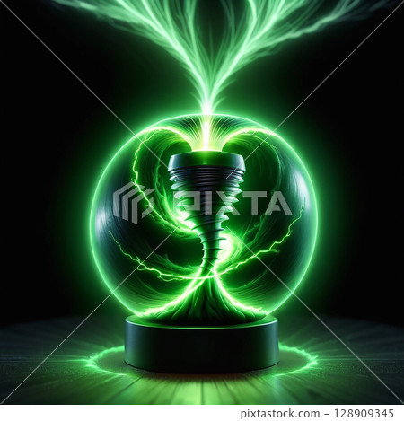 Mysterious glowing orb with swirling green energy emanating from a metallic base, creating a captivating visual display filled with dynamic light and motion. 128909345