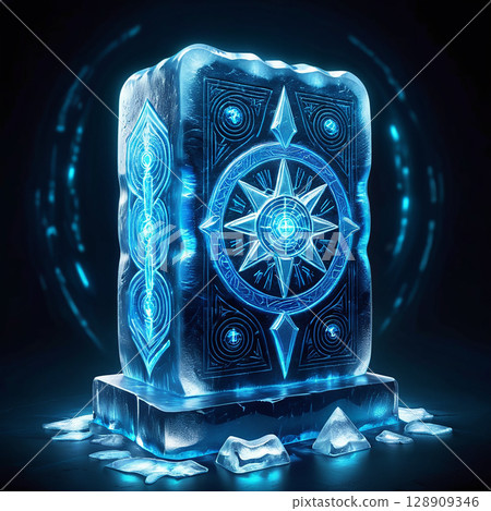 Illuminated ice block with intricate carvings and glowing blue symbols, surrounded by shards and a mystical aura in a dark setting. 128909346