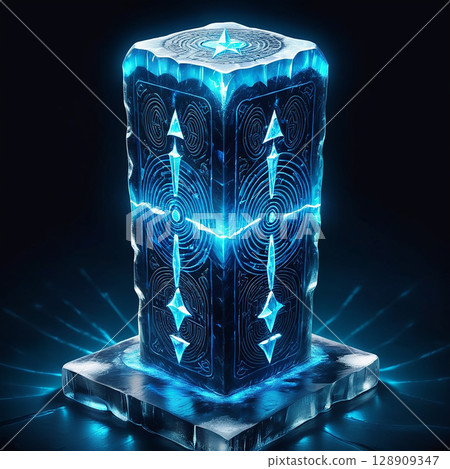 Glowing blue gem-like structure with intricate patterns radiating light and energy, surrounded by a mystical aura and a dark background emphasizing its brilliance and detail. 128909347