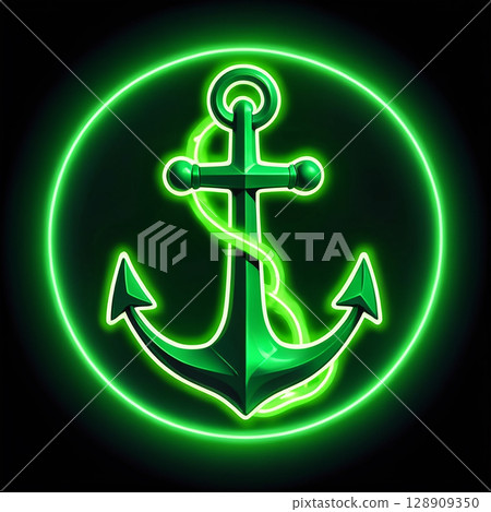 Neon green anchor symbol glowing in circular light against a dark background, illustrating a modern and artistic design with vibrant colors and bold lines, perfect for digital art enthusiasts. Neon green anchor symbol glowing in circular light against a dark background, illustrating a modern and artistic design with vibrant colors and bold lines, perfect for digital art enthusiasts. 128909350