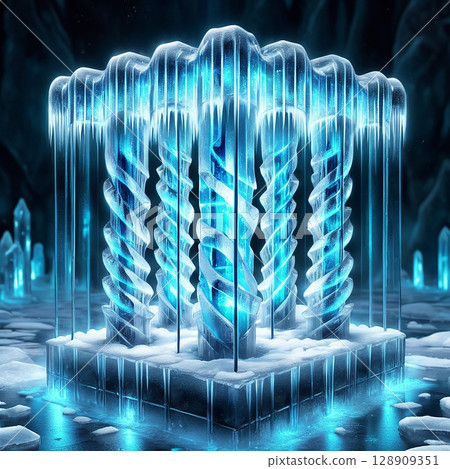 Frozen ice structure illuminated by blue light surrounded by crystalline formations in a dark cavern with shimmering reflections and intricate patterns throughout the scene. Frozen ice structure illuminated by blue light surrounded by crystalline formations in a dark cavern with shimmering reflections and intricate patterns throughout the scene. 128909351