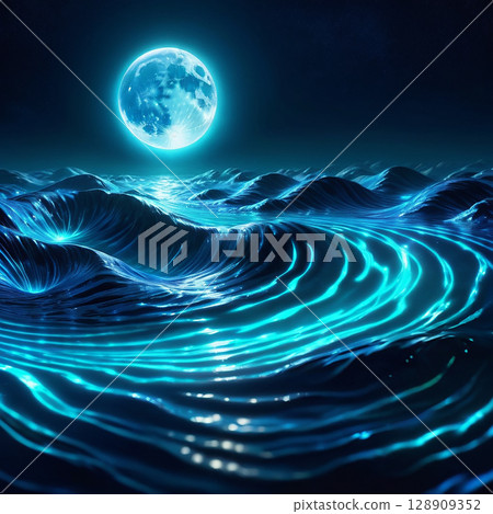 Glowing ocean waves reflecting full moonlight at night under a starry sky with vibrant blue hues and serene atmosphere creating a tranquil and mystical seascape experience. Glowing ocean waves reflecting full moonlight at night under a starry sky with vibrant blue hues and serene atmosphere creating a tranquil and mystical seascape experience. 128909352