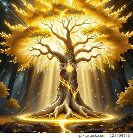 Illuminated golden tree with intricate roots and glowing orb surrounded by mystical forest with ethereal light and vibrant foliage creating a magical atmosphere. 128909366